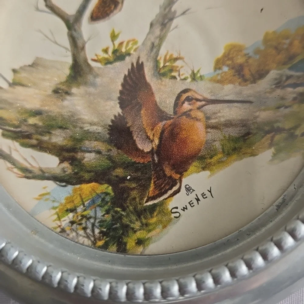 Vintage Set Of 4 Fred Sweney Coasters Birds Fish Metal Glass Barware Rustic